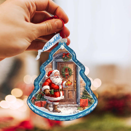 Santa Knocking at the Door Tree Glass Ornament by G. Debrekht - Christmas Santa Snowman Decor - 762-030-3
