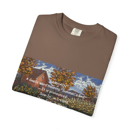 Samhain Harvest Tee — 'Samhain' Pronunciations + 'Pumpkin Spice' Autumn Humor