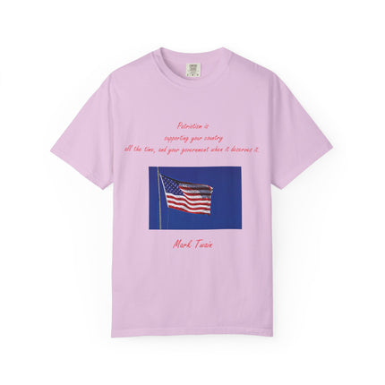 Patriotic Unisex Garment-Dyed T-Shirt with American Flag – Quote by Mark Twain