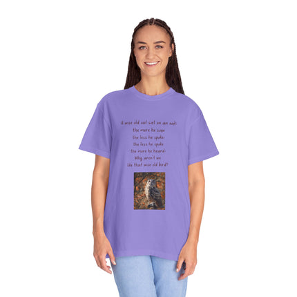 Poem & Owl Graphic T‑Shirt — 'A wise old owl...' Nature Poetry Tee