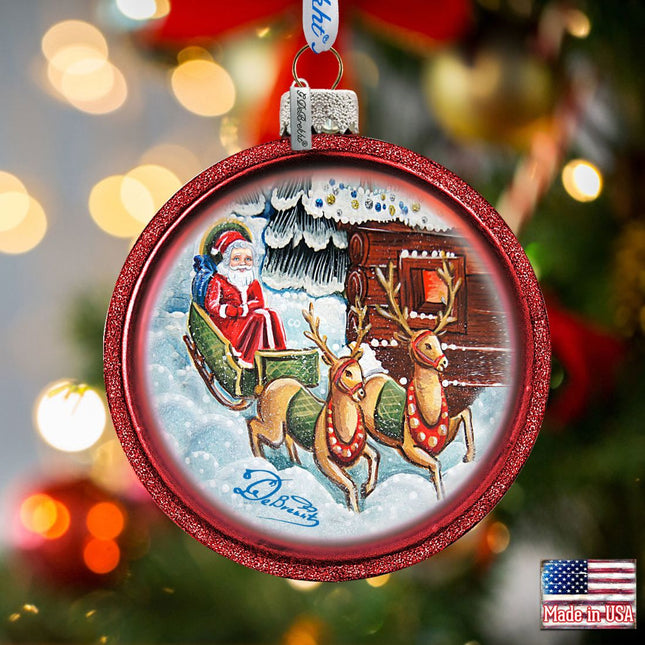 Riding A Sleigh Glass Ornament by G. DeBrekht - Christmas Santa Snowman Decor - 764-717-0
