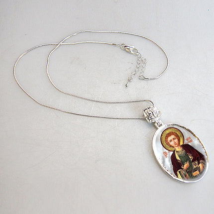 Saint Panteleimon Silver Plated Mother of Pearl Necklace - 43023-3