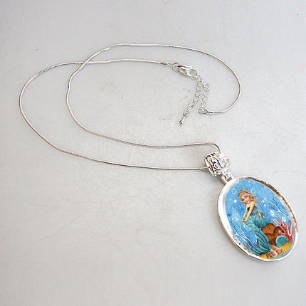 Mermaid Silver Plated Mother of Pearl Jewelry Pendant Necklace - 44042-1