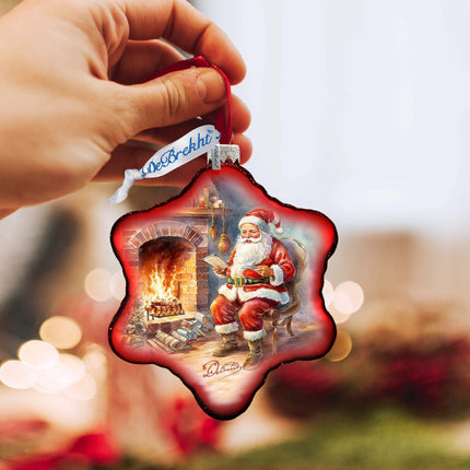 Santa at the Fireplace Snowflake Glass Ornament by G. Debrekht - Christmas Santa Snowman Decor - 754-047-3