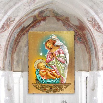Blessing Angel with Child Wooden Gold Plated Religious Christian Sacred Icon - Inspirational Icon Decor - 85028-3