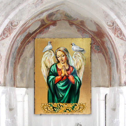 Praying Angel Wooden Gold Plated Religious Christian Sacred Icon - Inspirational Icon Decor - 85026-3