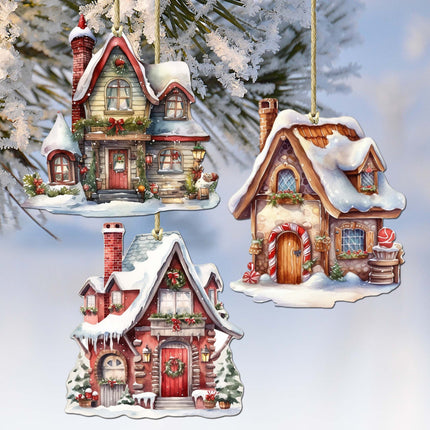 Christmas Houses Decorative Wooden Ornaments Set of 3 by G. Debrekht - Christmas Decor - 8091024-S3-0