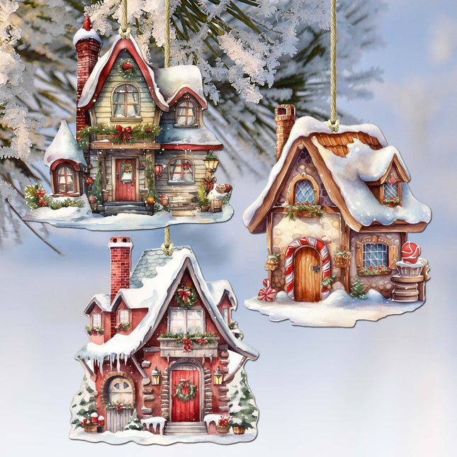 Christmas Houses Decorative Wooden Ornaments Set of 3 by G. Debrekht - Christmas Decor - 8091024-S3-0