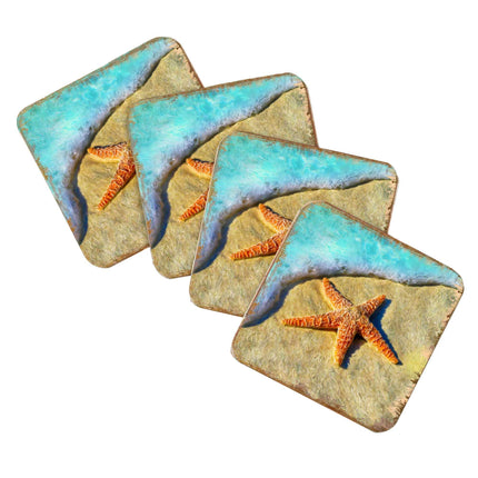 Starfish Coastal Wooden Cork Coasters Gift Set of 4 by Nature Wonders - Coastal Sea-Life Decor - 95253C-S4-4