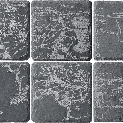 Middle Earth Map Coasters Set of 6 - Fantasy Slate Drink Coasters with LOTR Inspired Engraved Design - Unique Barware & Home Decor for Lord of The Rings Fans, Gifts for Geeks, Coffee Table Protection-0