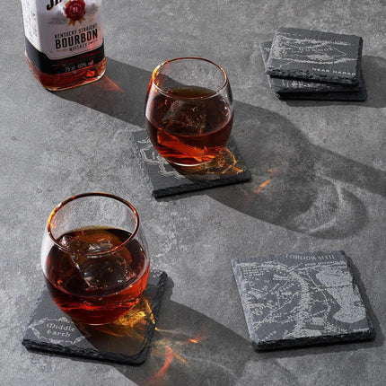 Middle Earth Map Coasters Set of 6 - Fantasy Slate Drink Coasters with LOTR Inspired Engraved Design - Unique Barware & Home Decor for Lord of The Rings Fans, Gifts for Geeks, Coffee Table Protection-2