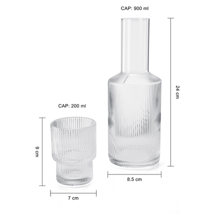 Bedside Water Carafe & Tumbler Set | 2-Piece Set | Crystal Elegant Ribbed Night Glass Pitcher - 900 ML - Bedroom Nightstand Serving Decanter Dispenser for Water, Juice, Tea Drinks, Pitcher & Cup Set-2