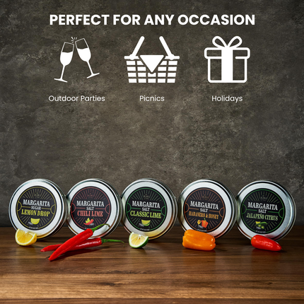 5-Pack Premium Margarita & Cocktail Flavored Salt Rimmer, Variety Set 3.5oz - Chili Lime, Lemon Drop Sugar, Lime, Habanero & Honey, Jalapeno Citrus - No Silicon Dioxide, Easy Screw-On Lid-1