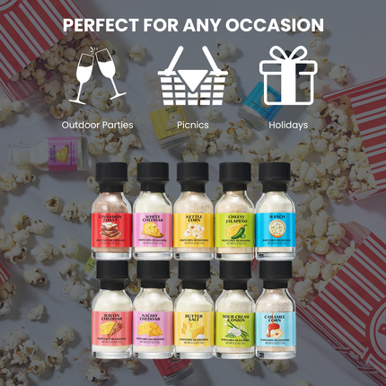 Gourmet Popcorn Seasoning Sampler Kit, 10 Flavor Variety Pack - Including Kettle Corn, Garlic Parmesan, Bacon Cheddar, Caramel, Butter, White Cheddar, Ranch, Spicy Jalapeño, Movie Night-1