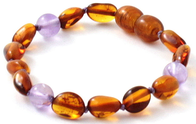 Amber Cognac Bean and Amethyst Gemstone Bracelet-0
