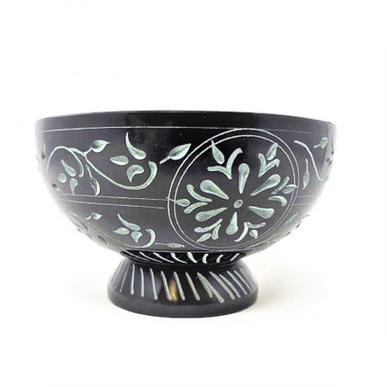 Floral hand carved Black Soap Stone Bowl 5" x 3"-0