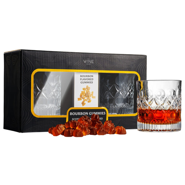 Bourbon Gummy Gift Set & Two Whiskey Glasses - Includes Bourbon Flavored Candy Bears & 2 Crystal Lowball Glassware - Gift for Whisky, Scotch Lovers, Him, Dad, or Husband, Tasting Set for Holiday-0