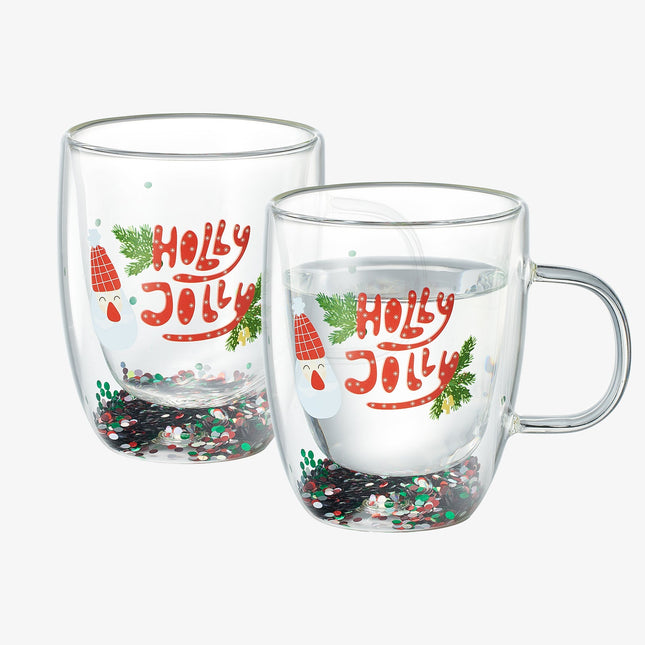 Christmas Glass Coffee Mug Set of 2 Mugs - Holly Jolly Tree Double Wall Insulated Cups Holidays 10oz Glassware Handle Gifts, Confetti Snowflake Glassware Tea, Milk, Beverage, Juice, Water Holiday Gift-0