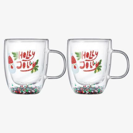 Christmas Glass Coffee Mug Set of 2 Mugs - Holly Jolly Tree Double Wall Insulated Cups Holidays 10oz Glassware Handle Gifts, Confetti Snowflake Glassware Tea, Milk, Beverage, Juice, Water Holiday Gift-4