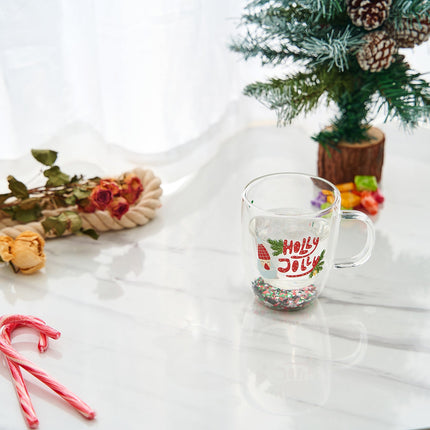 Christmas Glass Coffee Mug Set of 2 Mugs - Holly Jolly Tree Double Wall Insulated Cups Holidays 10oz Glassware Handle Gifts, Confetti Snowflake Glassware Tea, Milk, Beverage, Juice, Water Holiday Gift-2