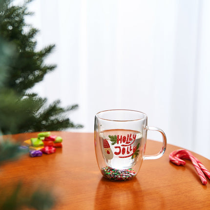 Christmas Glass Coffee Mug Set of 2 Mugs - Holly Jolly Tree Double Wall Insulated Cups Holidays 10oz Glassware Handle Gifts, Confetti Snowflake Glassware Tea, Milk, Beverage, Juice, Water Holiday Gift-3
