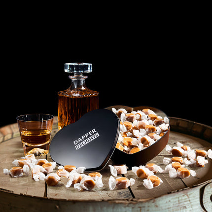 Valentines Day Gift Scotch Whiskey Caramels - Heart Tin - Him & Her, Premium Salted Caramel, Valentine Chocolate Candy Dapper Delights Gourmet Collection, Love Basket for Men, Boyfriend, Husband, Dad-4