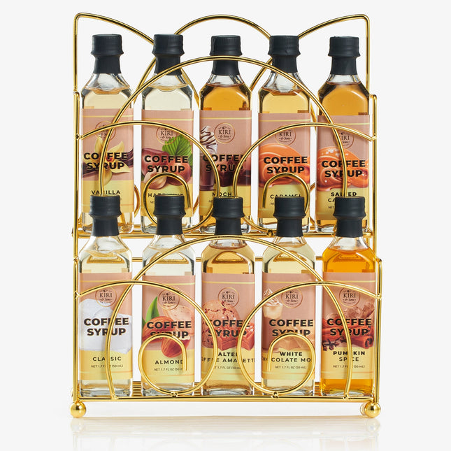 Gourmet Coffee Syrup Rack Gift Set, Includes Display Rack - Flavored Coffees Sweetener, 10 50mL Coffee Syrups, Includes Classic Mocha Vanilla Salted Caramel Flavoring Chai Latte, Protein Shake Flavors-0