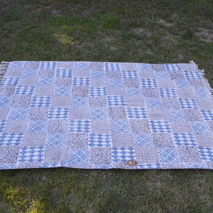 INDIGO DYED HANDWOVEN BLOCK PRINTED COTTON RUG WITH FLORAL DESIGN-1