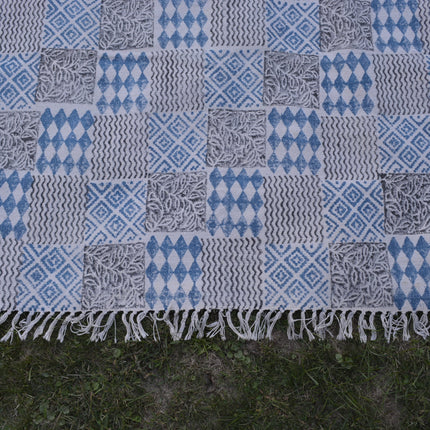 INDIGO DYED HANDWOVEN BLOCK PRINTED COTTON RUG WITH FLORAL DESIGN-2