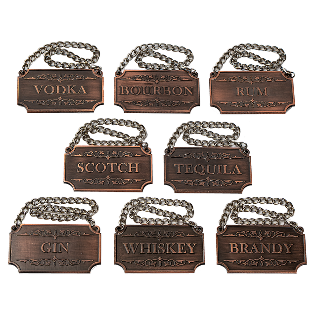 Decanter Tags Copper Set of 8 for Alcohol - The Wine Savant - Bottle - Whiskey, Scotch, Bourbon, Gin, Rum, Vodka, Tequila and Brandy, Fits All Bottles, Great Home Gift, Gifts for Men & Women 3" L 2"H-0