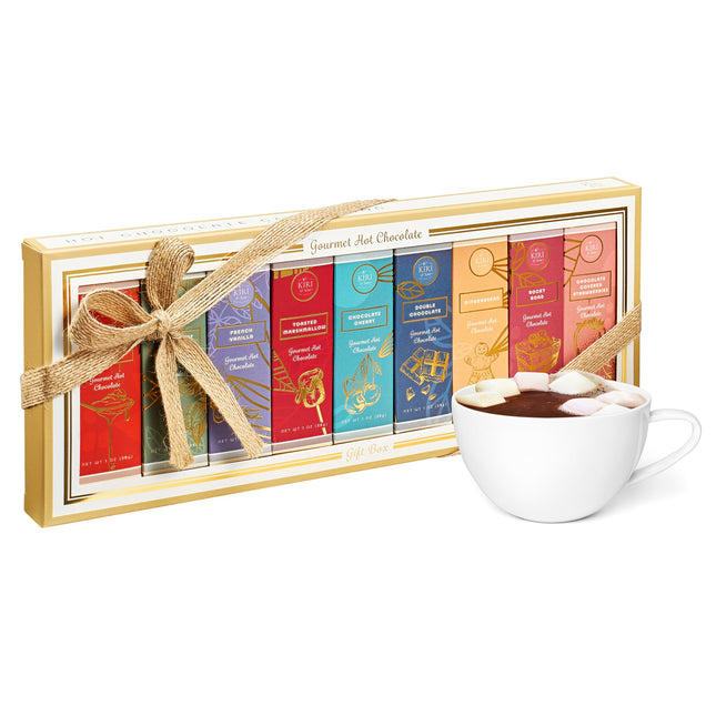 Kiri & Sons Hot Chocolate Gourmet Gift Set of 9 | 28G Per Flavor, 9 OZ Total | Flavors Include Caramel, Peppermint Mocha, French Vanilla, Gingerbread and More, Comes in Gift Box with Gold Bow-0