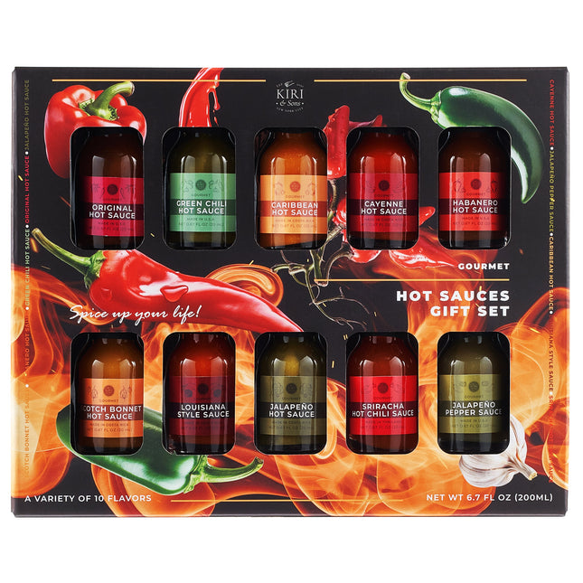 Gourmet Hot Sauce Sampler Gift Set of 10, Flavors Include Habanero, Scotch Bonnet, Jalapeno, Sriracha, Louisiana Style, Cayenne, Red & Green Chili and More, Variety Pack Gifts-0