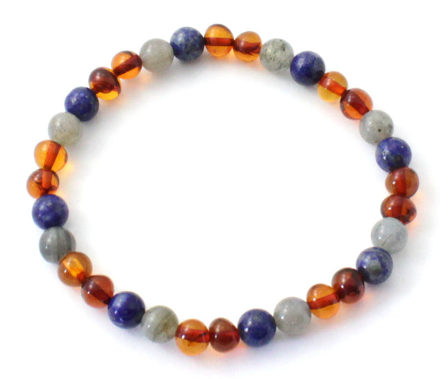 Amber Polished Cognac Stretch Bracelet With Gray Labradorite and Lapis Lazuli-0