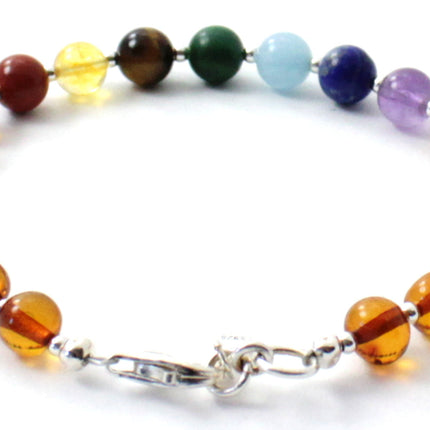 Amber Adult Bracelets With Silver and Chakra Gemstones-3