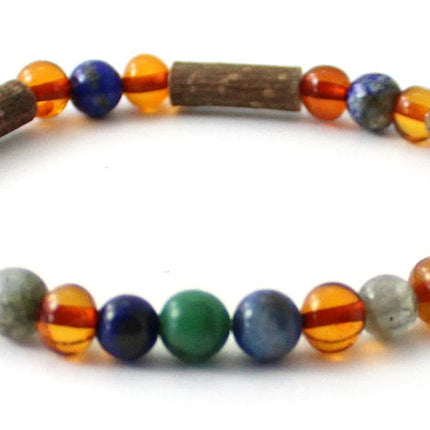 Amber Cognac Stretch Bracelet With Hazelwood, Labradorite and Gems-2