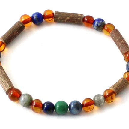 Amber Cognac Stretch Bracelet With Hazelwood, Labradorite and Gems-0