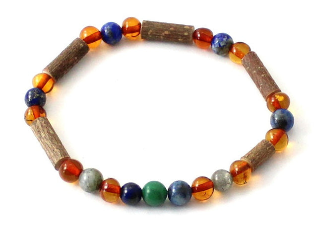 Amber Cognac Stretch Bracelet With Hazelwood, Labradorite and Gems-0