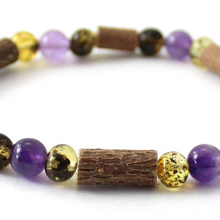Amber Green Stretch Bracelet With Purple Amethyst and Hazelwood-3