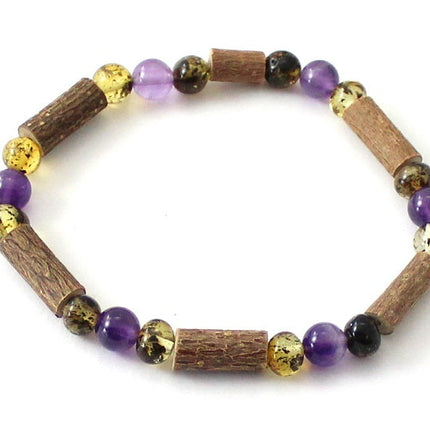 Amber Green Stretch Bracelet With Purple Amethyst and Hazelwood-0