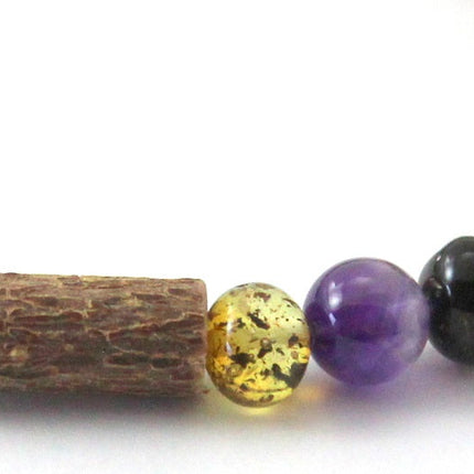 Amber Green Stretch Bracelet With Purple Amethyst and Hazelwood-2