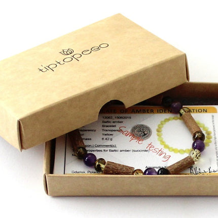 Amber Green Stretch Bracelet With Purple Amethyst and Hazelwood-1