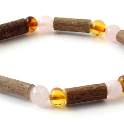 Amber Honey Stretch Bracelet With Pink Rose Quartz and Hazelwood-3