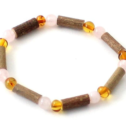 Amber Honey Stretch Bracelet With Pink Rose Quartz and Hazelwood-0