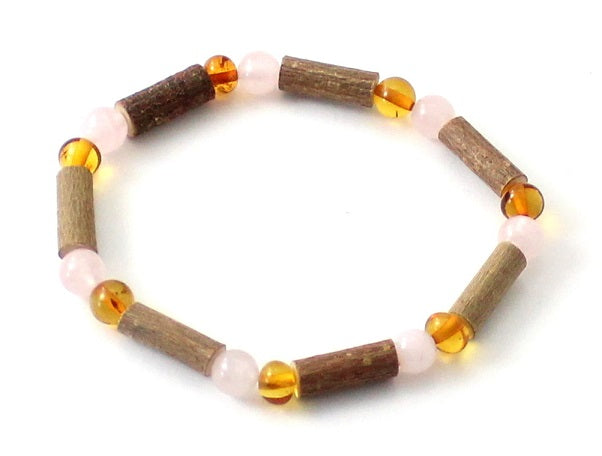 Amber Honey Stretch Bracelet With Pink Rose Quartz and Hazelwood-0