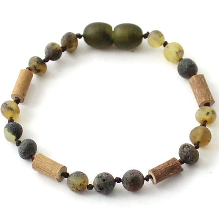 Bracelet With Hazelwood and Baltic Amber Raw Green-0