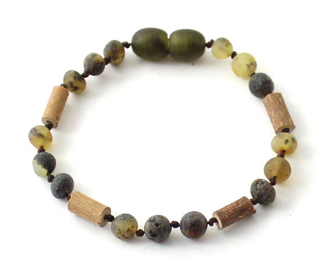 Bracelet With Hazelwood and Baltic Amber Raw Green-0