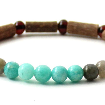 Amber Cherry Stretch Bracelet With Amazonite, Labradorite and Hazelwood-3