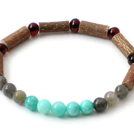 Amber Cherry Stretch Bracelet With Amazonite, Labradorite and Hazelwood-0