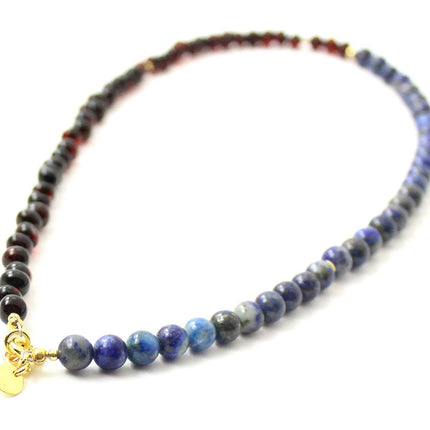 Amber Cherry Necklace With Blue Lapis Lazuli and Golden Silver-3