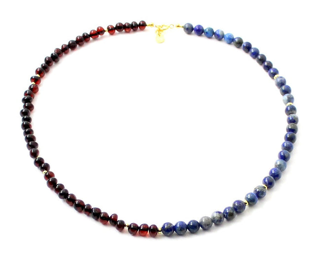 Amber Cherry Necklace With Blue Lapis Lazuli and Golden Silver-0